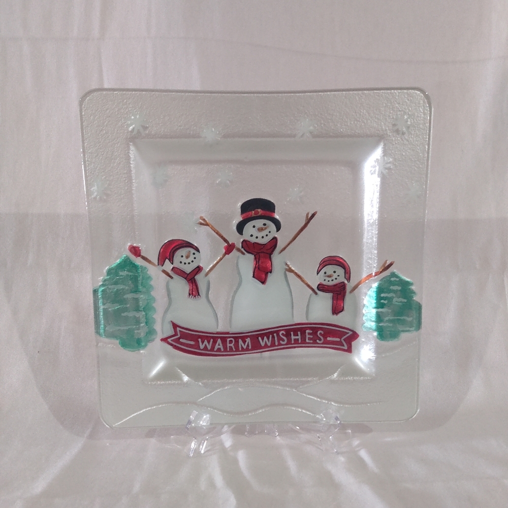 St. Nicholas,  3 Snowmen  Glass Square Platter 11 x 11 " Warm Wishes"